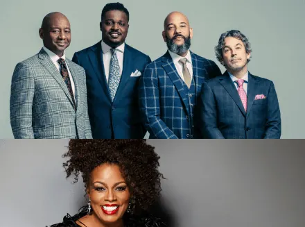 A group of men dressed in suits stand together. Underneath, Dianne Reeves wears a black dress and smiles.