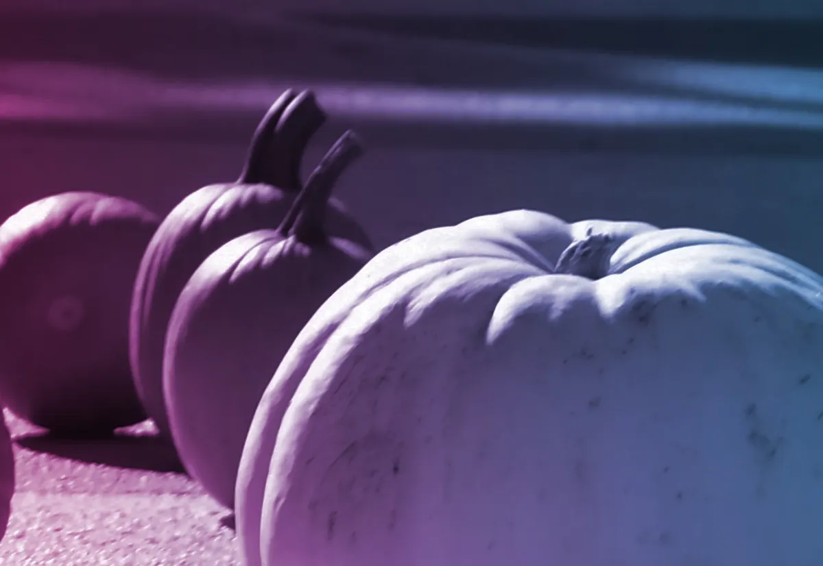 6 pumpkins sitting upright on the pavement with a pink/blue filter overlaid overtop