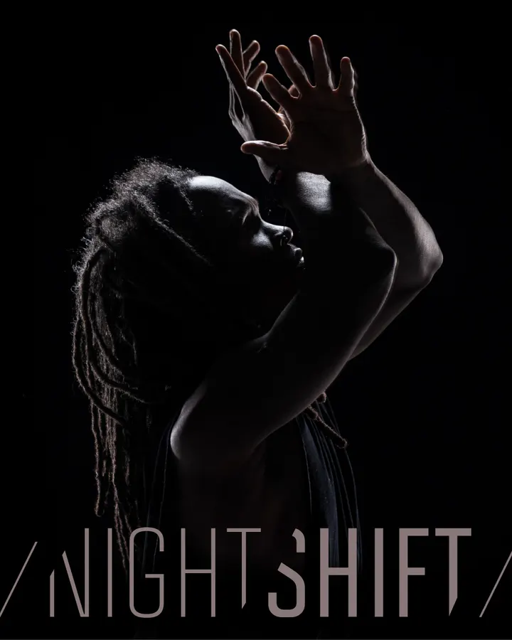 Black background with backlit dancer and text Night Shift