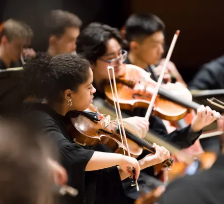 Students play the violin together in a row.